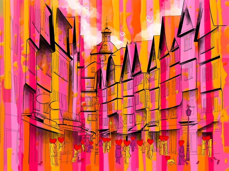 Herborn Hauptstrasse in leuchtenden Pink- und Orangetonen mit herzkopfigen Figuren